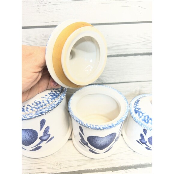 Blue Heart Canister - Etsy 1980’s Blue Heart Canister Set with lids, Stoneware Blue Sponge Vintage